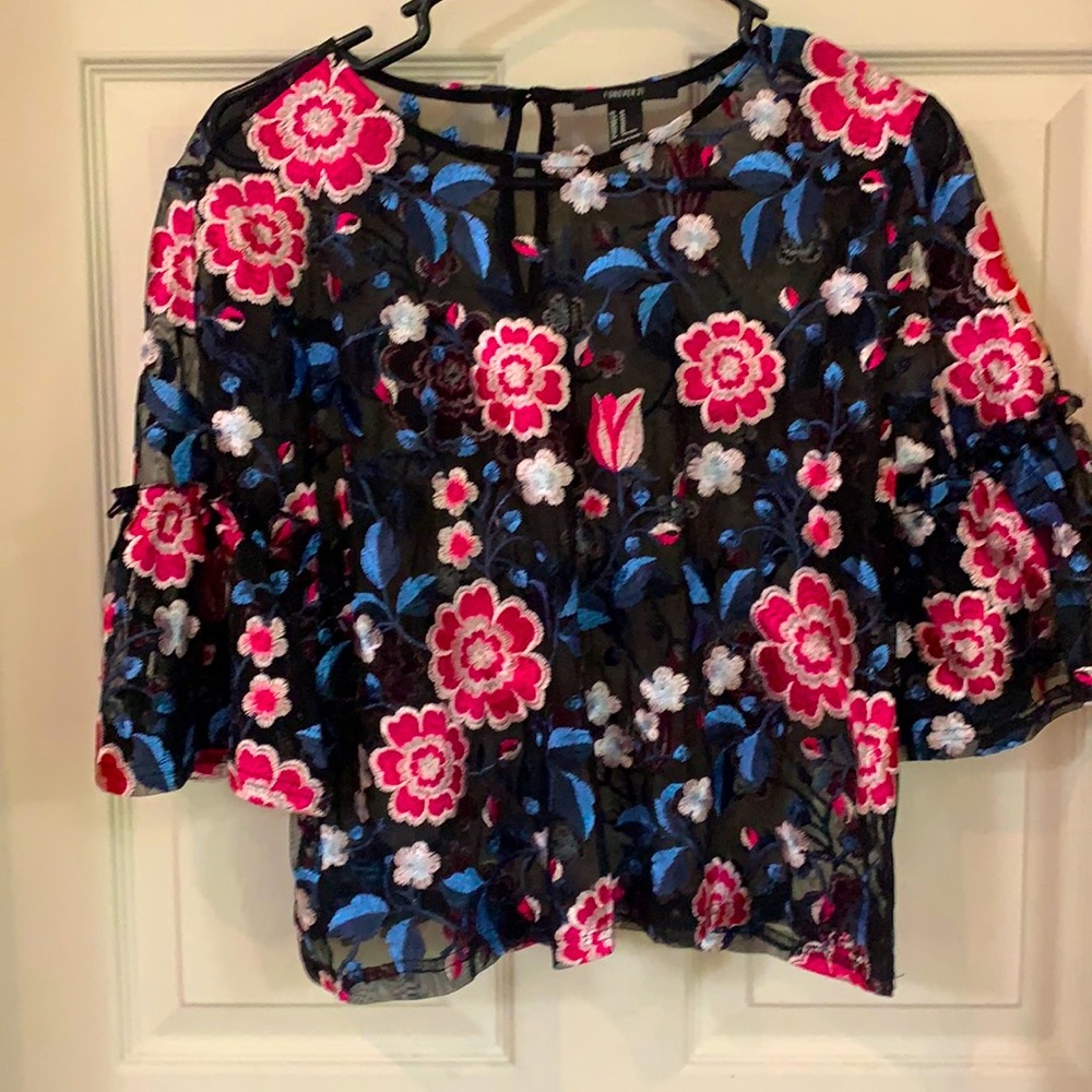 Beautiful embroidered floral black top